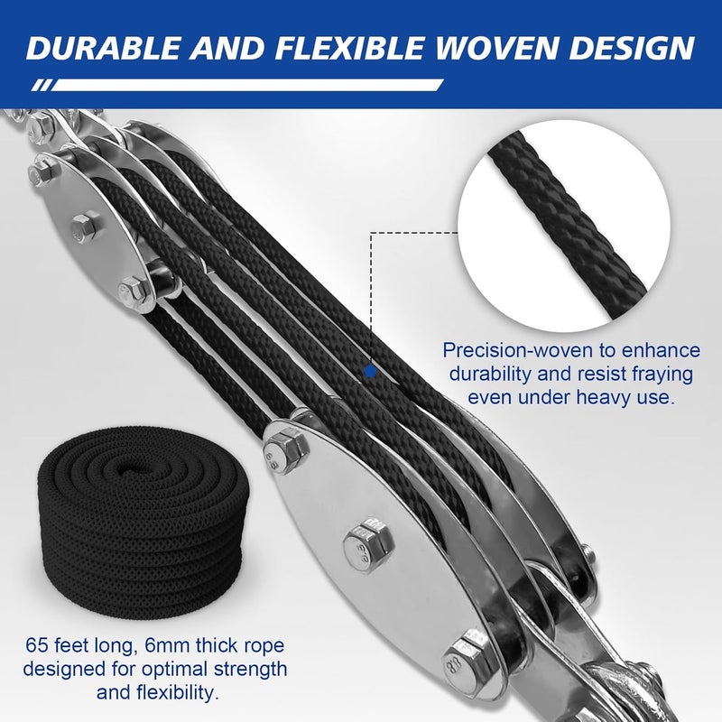 SALIFTFE Block and Tackle Pulley System, Upgraded 4-Wheel Rope Pulley Hoist, 8:1 Lifting Power, 2200LB Work Load with 65Ft of 1/4" Rope, Ultra-Compact Rope Hoist for Garage, Hunting, and Heavy Lifting - Image 5